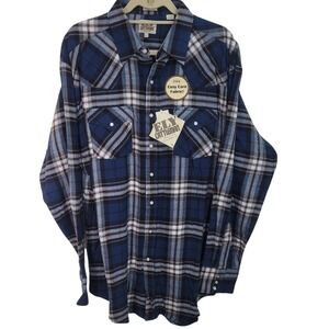 Ely Cattleman Mens Blue Flannel Plaid Western Pearl Snap Shirt XLT Tall NWT